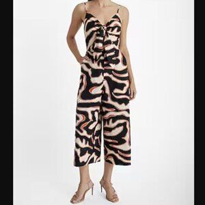 Express Printed Sleeveless Tie Front Cropped Wide Leg Jumpsuit